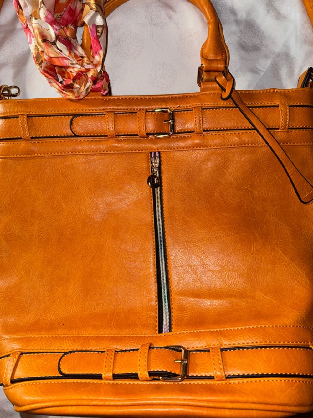 Women's Large Barrel Faux Leather Tote Orange w Floral Scarf Accent Adj Strap - Picture 2 of 6